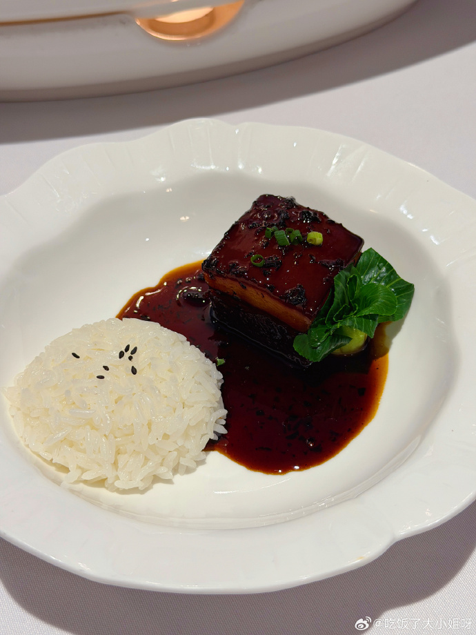 米饭配酱汁肉与青菜的餐盘
